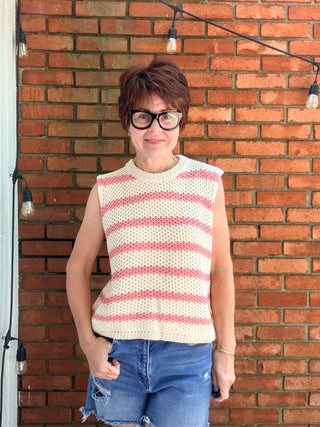 Daydream Stripe Knit Vest-SweatersLovLov Daydream Stripe Knit Vest – Ivory & Pink | VerClare Boutique-Shop the LovLov Daydream Stripe Knit Vest — waffle weave 100% acrylic knit in ivory & pink stripe. Wear alone or layered. Sizes S–XL. Free US shipping on eligible orders.-VerClare Boutique