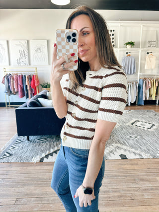 Milena Striped Button Knit Cardigan - Mocha-SweatersMilena striped Button Knit Cardigan - Mocha | VerClare Boutique | Jenison MI -Striped Button Knit Cardigan is a beautiful soft knit striped cardigan featuring classic stripe detailing, a button-front closure, and an easy, timeless silhouette. Free US shipping from VerClare Boutique.-VerClare Boutique