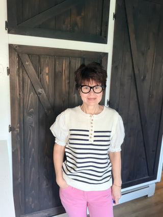 Sadie Sweater Top - Navy Stripe-SweatersSadie Sweater Top - Navy Stripe | VerClare Boutique | Jenison MI -Beautiful mixed media piece featuring cotton/acrylic blend top in white with navy stripes. Round crew collar with buttons. The fit is slightly oversized. Free US shipping on eligible orders. -VerClare Boutique