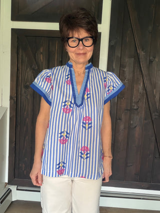 Lina Embroidered Striped Top - Blue