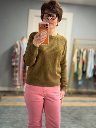 Lucy Cotton Sweater - Olive-SweatersLucy Cotton Sweater | VerClare Boutique | Jenison MI -Cotton Sweater is a beautiful long sleeve 100% cotton sweater featuring a round, scalloped collar with contrast top and bottom. Made from a 100% cotton fabric. Free US shipping from VerClare Boutique.-VerClare Boutique