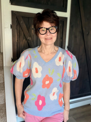 Zelie Floral Puff Sleeve Sweater - Lt Blue-SweatersZelie Floral Puff sleeve sweater - Lt Blue | VerClare Boutique | Jenison MI -Floral Puff Sleeve Sweater is a beautiful soft sweater knit V-neck sweater featuring a delicate floral pattern, feminine puff sleeves, and a flattering V-neckline. Free US shipping from VerClare Boutique.-VerClare Boutique