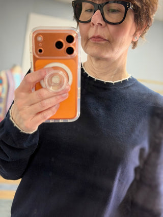 Ophelia Navy Cotton Sweater-SweatersOphelia Navy Cotton Sweater | VerClare Boutique | Jenison MI -Cotton Sweater is a beautiful soft long sleeve 100% cotton featuring white contrast switching around neck, wrist and waist and ruffle shoulder detail. Free US shipping from VerClare Boutique.-VerClare Boutique