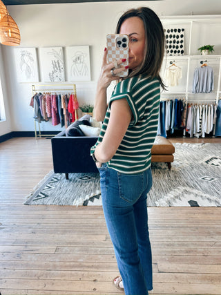 Julissa Striped Short Sleeve Top - Vanilla Green-Tops CasualJulissa Striped Short Sleeve Top - Vanilla Green | VerClare Boutique | Jenison MI-Beautiful soft stretch knit short-sleeve top featuring classic stripe detailing, a relaxed everyday silhouette, and a comfortable, lightweight fee. Free US shipping from VerClare Boutique.-VerClare Boutique