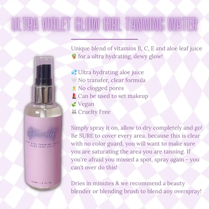 Info View. Ultra Violet Glow Girl Tanning Water-AccessoriesUltra Violet Gradual Tanning Drops | VerClare Boutique | Chenoa, IL-Our best selling formula now available in TAN DROPS - perfect for your face! We absolutely have not found a better solution for creating the perfect glow on your face. Located in Chenoa, Illinois about 20 minutes outside of Bloomington & Normal, IL in McLean County. Free Shipping on eligible Orders. Shop Pay Accepted-VerClare Boutique