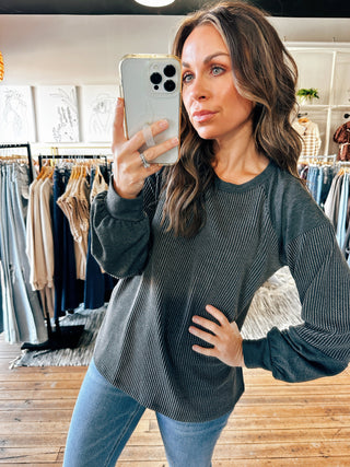 Charcoal View. Colorblock Ribbed Pullover-3 Colors-Tops Basic Solid-VerClare Boutique