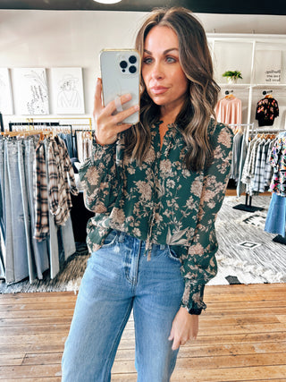 Front View. Merci Green Floral Top-Tops Casual-VerClare Boutique