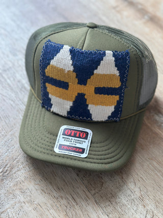 Orijinal Designs Trucker Cap-Olive With Blue & Mustard-AccessoriesOrijinal Designs Trucker Cap-Black | VerClare Boutique | Chenoa, IL-Trucker Hat. Wear with care! Structured Bill. Final sale. Free US shipping on all eligible orders. Shop Pay Accepted. Located in Chenoa, Illinois.-VerClare Boutique