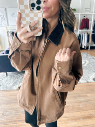 Elliott Barn Jacket-Jackets & KimonosElliot Barn Jacket | VerClare Boutique | Chenoa, IL -Brown barn-style jacket with a relaxed fit and utility-inspired details. The perfect lightweight layer for everyday wear. Free US shipping from VerClare Boutique.-VerClare Boutique