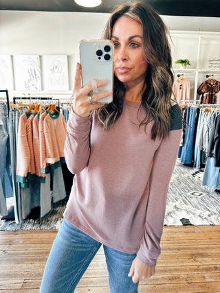 Front View. Baseball Dusty Mauve Long Sleeve-Tops Basic Print-VerClare Boutique