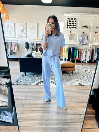 Everyday Pocket Tee - Barcelona Blue-Tops Basic SolidHarper Two Piece Set-Blush | VerClare Boutique | Chenoa, IL-Women's Blush Lounge Set. Available in sizes: S, M, L. 60% Cotton, 40% Polyester. Free US shipping on all eligible orders. Located in Chenoa, Illinois.-VerClare Boutique