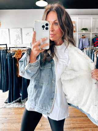 Denim Sherpa Coat-Jackets & Kimonos-VerClare Boutique