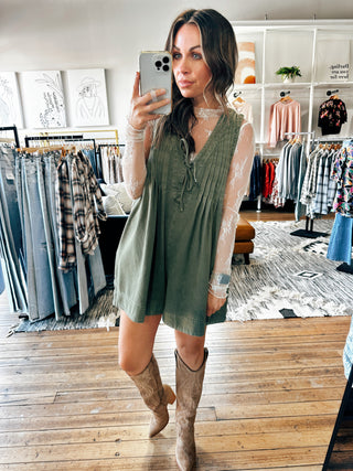 Olive Front View. Ginny Pleated Romper-2 Colors-Dresses & Rompers-VerClare Boutique