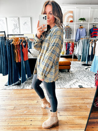 Side View. Blue/Mustard Plaid Button Down-Tops casual-VerClare Boutique