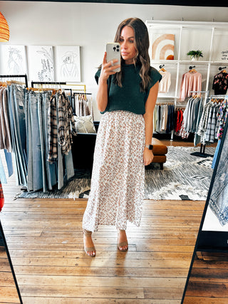  Front View. Floral Button Midi Skirt-Bottoms-VerClare Boutique