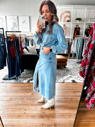 Washed Denim Midi Dress-Dresses & Rompers-VerClare Boutique