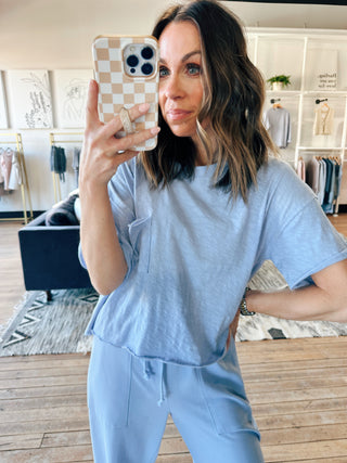 Everyday Pocket Tee - Barcelona Blue-Tops Basic SolidHarper Two Piece Set-Blush | VerClare Boutique | Chenoa, IL-Women's Blush Lounge Set. Available in sizes: S, M, L. 60% Cotton, 40% Polyester. Free US shipping on all eligible orders. Located in Chenoa, Illinois.-VerClare Boutique