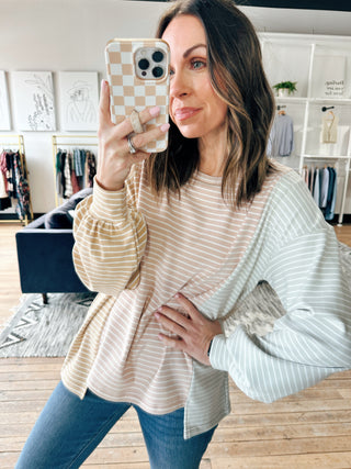Belle Stripe Soft Brushed Top - Blush Combo-Tops Basic SolidBelle Stripe Soft Brushed Top – Denim Blue Combo | VerClare Boutique | Chenoa, IL-Soft brushed striped top in a denim blue combo with a relaxed, cozy feel. Easy everyday layering piece with timeless style. Free US shipping from VerClare Boutique.-VerClare Boutique