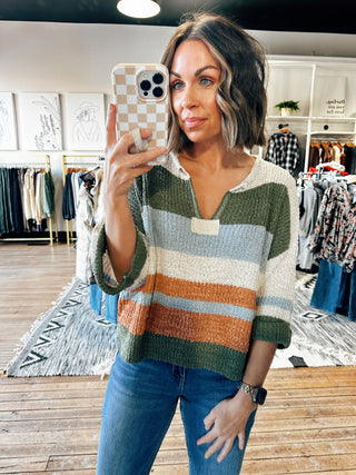 Front View. Striped Fern 3/4 Sleeve Sweater-Sweaters-VerClare Boutique