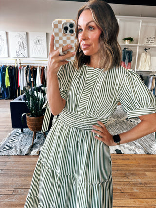Olive Striped Tie-Sleeve Maxi Dress with Pockets-Dresses & RompersOlive Striped Tie-Sleeve Maxi Dress with Pockets | VerClare Boutique-Women's Maxi Dress | Olive Striped Tie-Sleeve Maxi Dress with Pockets | Sizes: S, M, L | Free US shipping on all eligible orders. Chenoa, Illinois-VerClare Boutique