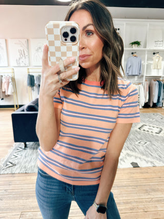 Kristin Multi-Striped Knit Tee - Melon Combo-Tops Basic SolidKristin Multi-Striped Knit Tee - Melon Combo | VerClare Boutique | Chenoa, IL-VerClare Boutique