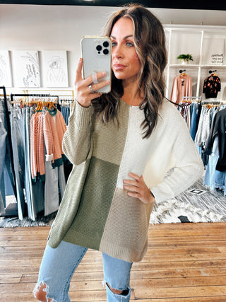 Moss Front View. Chunky Knit Colorblock Sweater-3 Colors-Sweaters-VerClare Boutique