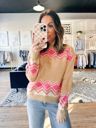 THML-Adeline Diamond Stripe Sweater-SweatersAdeline Diamond Stripe Sweater | VerClare Boutique-Camel sweater with bold pink diamond stripe detailing. Soft, cozy, and relaxed for everyday wear. Free US shipping from VerClare Boutique.-VerClare Boutique
