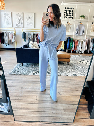 Mindful Pant - Barcelona Blue-BottomsHarper Two Piece Set-Blush | VerClare Boutique | Chenoa, IL-Women's Blush Lounge Set. Available in sizes: S, M, L. 60% Cotton, 40% Polyester. Free US shipping on all eligible orders. Located in Chenoa, Illinois.-VerClare Boutique