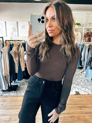 Chocolate View. Ribbed Knit Bodysuit-5 Colors-Tops Basic Solid-VerClare Boutique