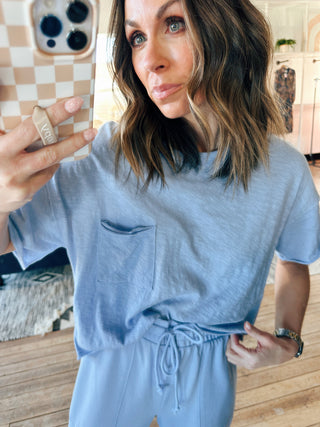 Everyday Pocket Tee - Barcelona Blue-Tops Basic SolidHarper Two Piece Set-Blush | VerClare Boutique | Chenoa, IL-Women's Blush Lounge Set. Available in sizes: S, M, L. 60% Cotton, 40% Polyester. Free US shipping on all eligible orders. Located in Chenoa, Illinois.-VerClare Boutique