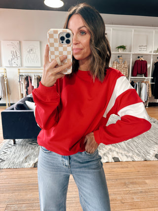 Halia Varsity Colorblock Sweatshirt-Tops Basic SolidCoriel Striped Textured Henley Top | VerClare Boutique | Chenoa, IL-Women's Coriel Striped Textured Henley Top | Sizes: S, M, L | Color: Black, Burgundy | Free US shipping on all eligible orders. Located in Chenoa, Illinois-VerClare Boutique