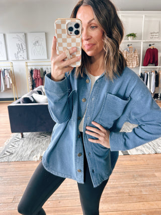 All Day Knit Denim Jacket – Calypso Blue Indigo-Jackets & KimonosAll Day Knit Denim Jacket – Calypso Blue Indigo | VerClare Boutique | Chenoa, IL-Shop the All Day Knit Denim Jacket in Calypso Blue Indigo at VerClare Boutique. A soft women’s knit denim jacket made for comfortable, everyday layering.-VerClare Boutique