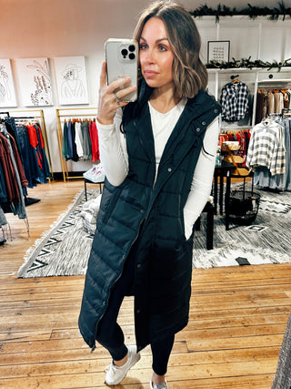 Black View. Winter Park Hooded Long Puffer Vest - 2 Colors-Jackets & Kimonos-VerClare Boutique