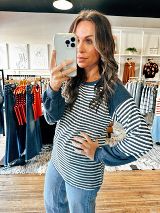 Navy Color Block Terry Top-tops basic print-VerClare Boutique