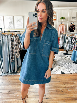 Front View. Daisy V-Neck Collared Denim Dress-Dresses & Rompers-VerClare Boutique