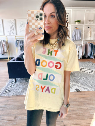 Good Old Days Tee - Butter Yellow-Tops Basic PrintGood Old Days Tee – Butter Yellow | VerClare Boutique | Chenoa, IL-Shop the Good Old Days Tee in butter yellow at VerClare Boutique. A soft, easy graphic tee with a nostalgic feel—perfect for everyday casual wear.-VerClare Boutique