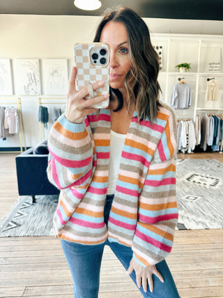 Arlette Striped Sweater Cardigan - Sky/Magenta
