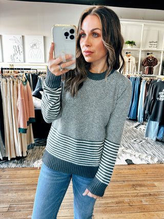 Front View. Charcoal Multi Stripe Sweater-VerClare Boutique