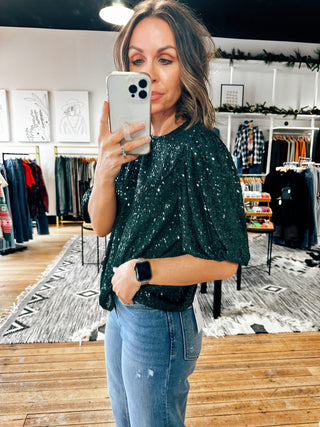 Half Puff Sleeve Sequin Top-Tops Casual-VerClare Boutique