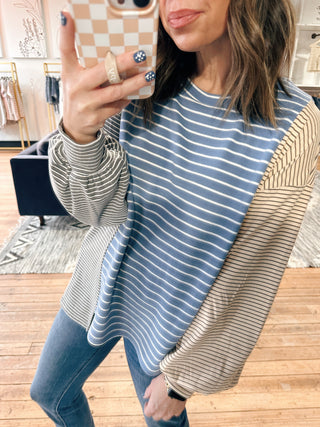 Belle Stripe Soft Brushed Top - Denim Blue Combo-Tops Basic SolidBelle Stripe Soft Brushed Top – Denim Blue Combo | VerClare Boutique | Chenoa, IL-Soft brushed striped top in a denim blue combo with a relaxed, cozy feel. Easy everyday layering piece with timeless style. Free US shipping from VerClare Boutique.-VerClare Boutique