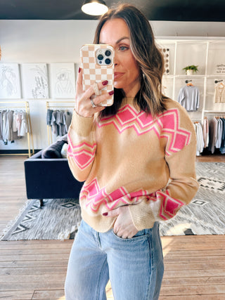 THML-Adeline Diamond Stripe Sweater-SweatersAdeline Diamond Stripe Sweater | VerClare Boutique-Camel sweater with bold pink diamond stripe detailing. Soft, cozy, and relaxed for everyday wear. Free US shipping from VerClare Boutique.-VerClare Boutique