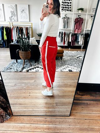 Miranda Red Sporty Stripe Pants-BottomsMiranda Red Sporty Stripe Pants | VerClare Boutique | Chenoa, IL-Women's Track Pant | Miranda Red Sporty Stripe Pants | Sizes: S, M, L, XL | Free US shipping on all eligible orders. Located in Chenoa, Illinois-VerClare Boutique