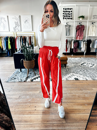 Miranda Red Sporty Stripe Pants-BottomsMiranda Red Sporty Stripe Pants | VerClare Boutique | Chenoa, IL-Women's Track Pant | Miranda Red Sporty Stripe Pants | Sizes: S, M, L, XL | Free US shipping on all eligible orders. Located in Chenoa, Illinois-VerClare Boutique