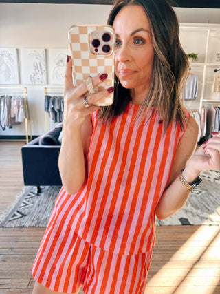 Haven Striped Tank & Shorts Set- Punch/Coral-BottomsWishlist Elaria Scallop Sweater Tank – M. Blue | VerClare Boutique | Chenoa, IL-Shop the Wishlist Elaria Scallop Sweater Tank in M. Blue. A lightweight sweater tank with feminine scalloped details, perfect for layering or wearing solo. Available now at VerClare Boutique! | VerClare Boutique | Chenoa, IL-VerClare Boutique