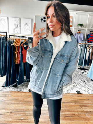 Denim Sherpa Coat-Jackets & Kimonos-VerClare Boutique