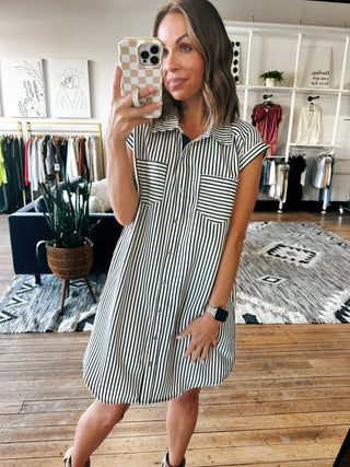 Striped Button-Down Shirt Dress-Dresses & RompersStriped Button-Down Shirt Dress | VerClare Boutique | Chenoa, IL-Women's Shirt Dress | Striped Button-Down Shirt Dress | Sizes: S, M, L | Color: Black Stripe | Free US shipping on eligible orders. Located in Chenoa, Illinois-VerClare Boutique