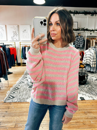 Front View. Nova Striped Batwing Sleeve Sweater-Sweaters-VerClare Boutique