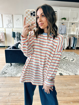 Lucy Oversized Striped Top - Poppy/Sky-SweatersLucy Oversized Striped Top - Poppy/Sky | VerClare Boutique | Chenoa, IL-VerClare Boutique