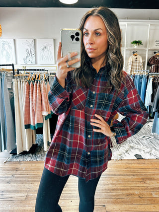 Front View. Katie Flannel-Red-Tops Casual-VerClare Boutique