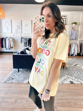 Good Old Days Tee - Butter Yellow-Tops Basic PrintGood Old Days Tee – Butter Yellow | VerClare Boutique | Chenoa, IL-Shop the Good Old Days Tee in butter yellow at VerClare Boutique. A soft, easy graphic tee with a nostalgic feel—perfect for everyday casual wear.-VerClare Boutique